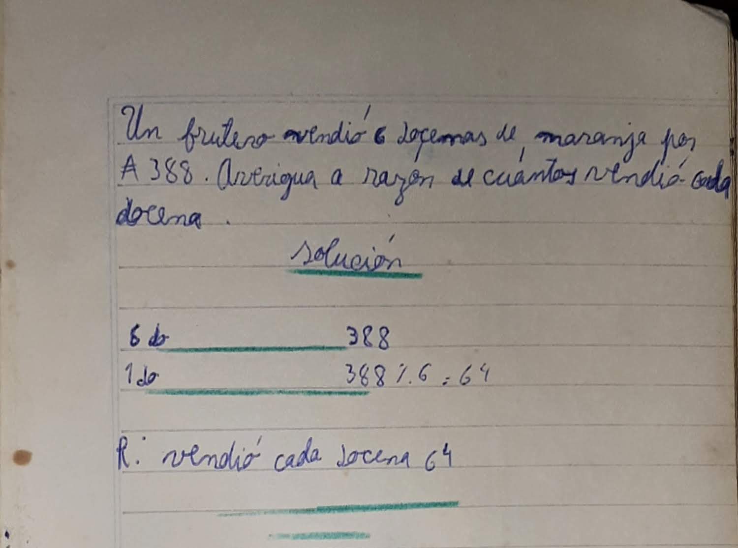 Un frutero  vendió 6 docenas de naranjas a 388 australes.